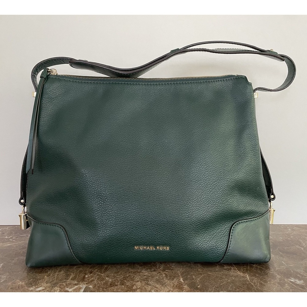 Michael Kors Crosby Racing Green Leather Large Shoulder Bag Side Locks Luxury